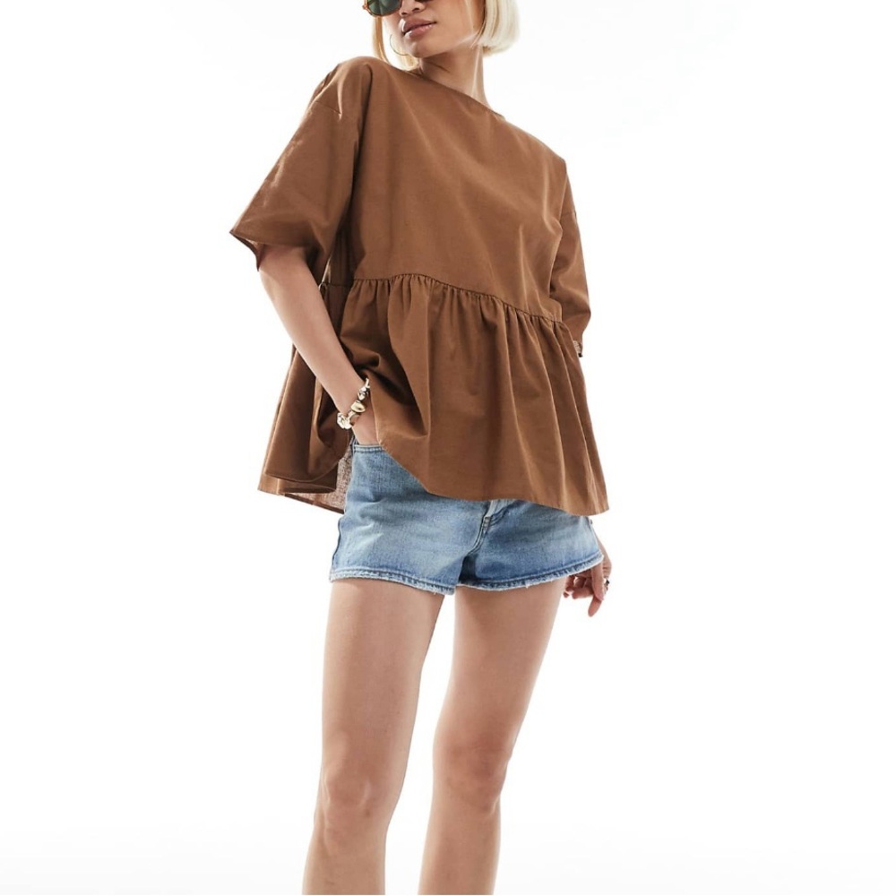 Brown Short Sleeve Peplum Top | Relaxed Fit Casual Tee